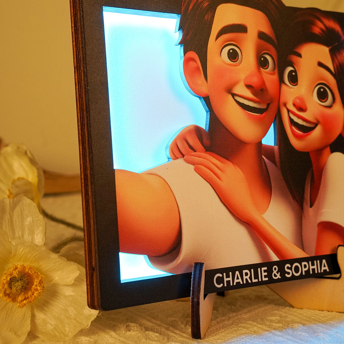 Embracing Hugging Couple Selfie Personalized 2-Layered Wooden Plaque With LED