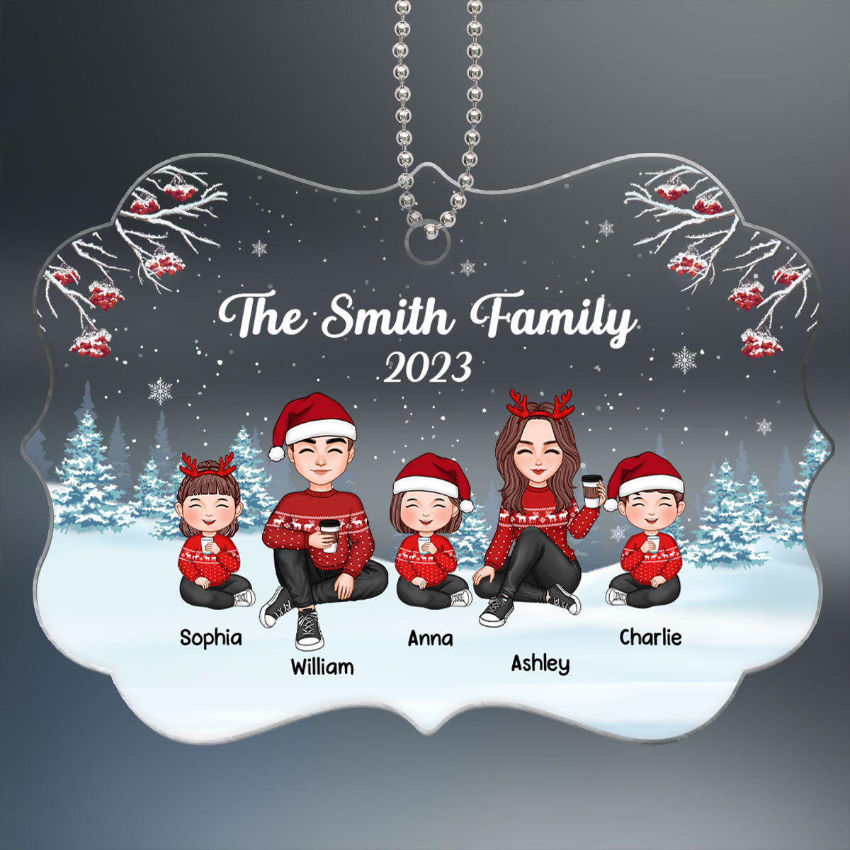 Christmas Berry Tree Cute Family Dad Mom Kids Dogs Cats Sitting In Snow Personalized Acrylic Ornament