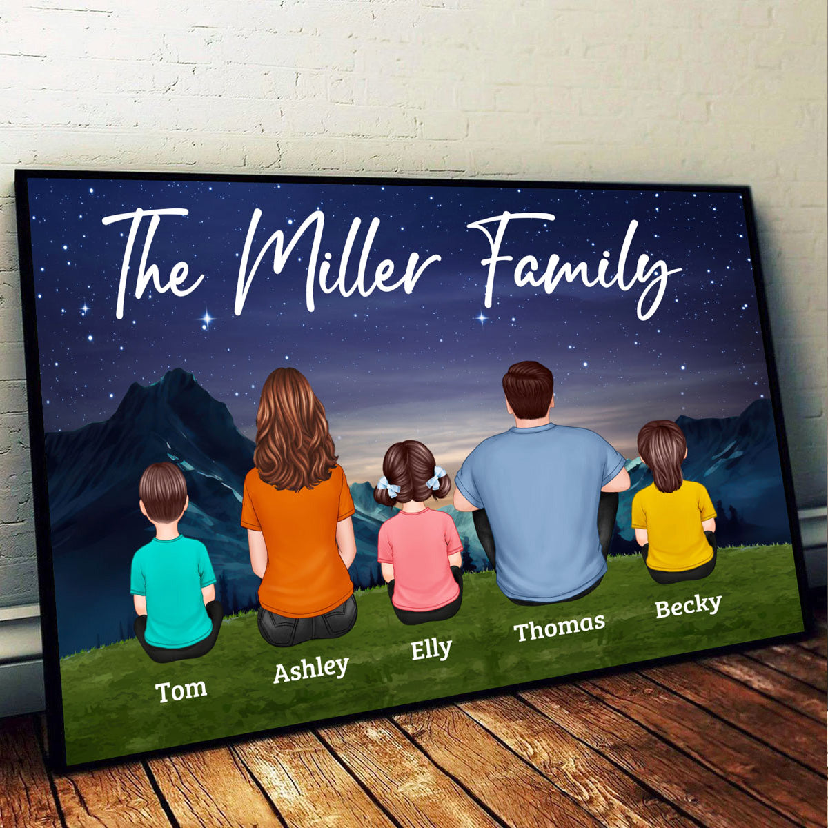 Family Couple Kids Dog Cat Sitting Under Starry Night Personalized Horizontal Poster