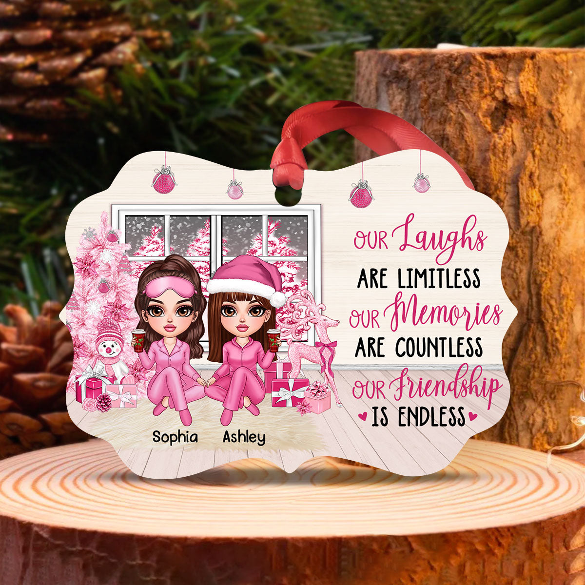 Pink Window Christmas Tree Besties Sisters Personalized Christmas Ornament