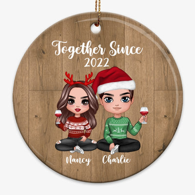 Doll Couple Sitting Wood Effect Personalized Circle Ornament