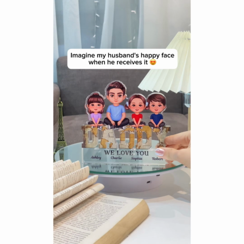 Daddy We Love You Dad & Kids Sitting On Word Personalized Acrylic Block Plaque