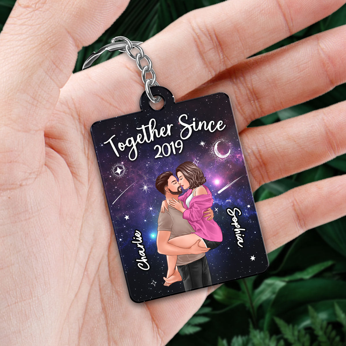 Man Holding Woman Kissing In Galaxy Night Favorite Song Scannable QR Code Personalized Acrylic Keychain