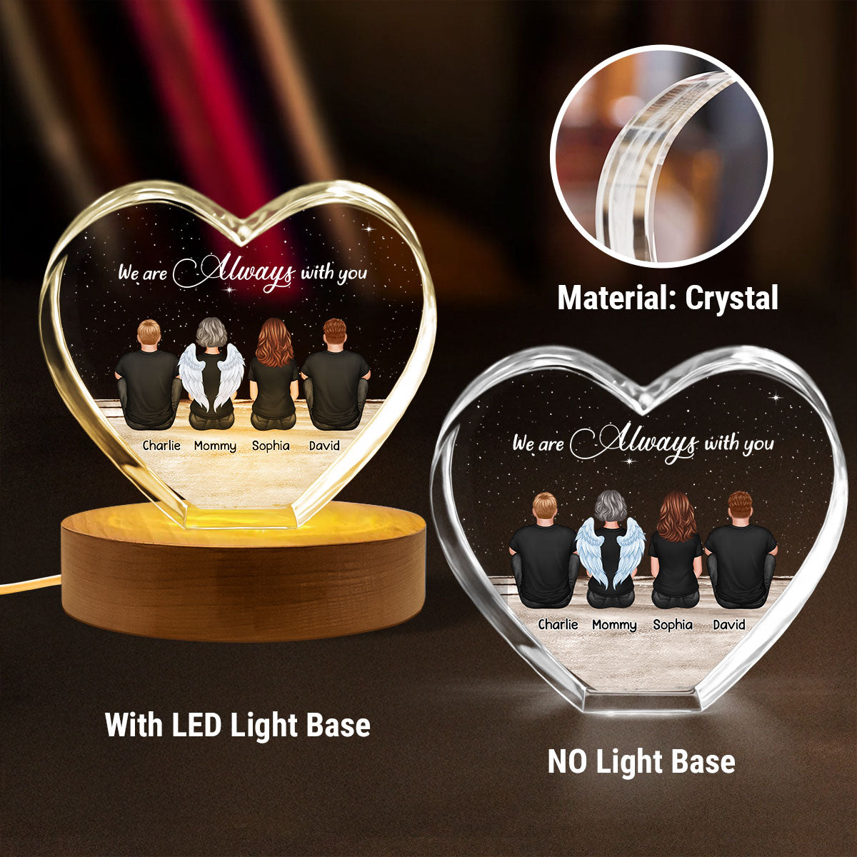 Always With You Sky Family Members, Memorial Personalized Premium Crystal Heart LED, Sympathy Gift, Free Delivery Included