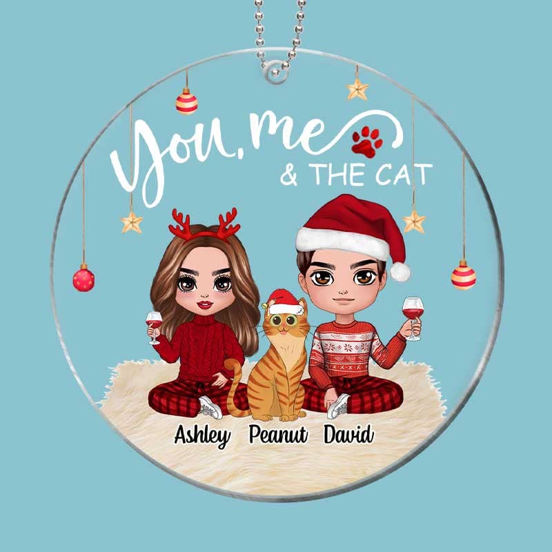 Doll Couple Sitting With Cats Christmas Personalized Acrylic Ornament
