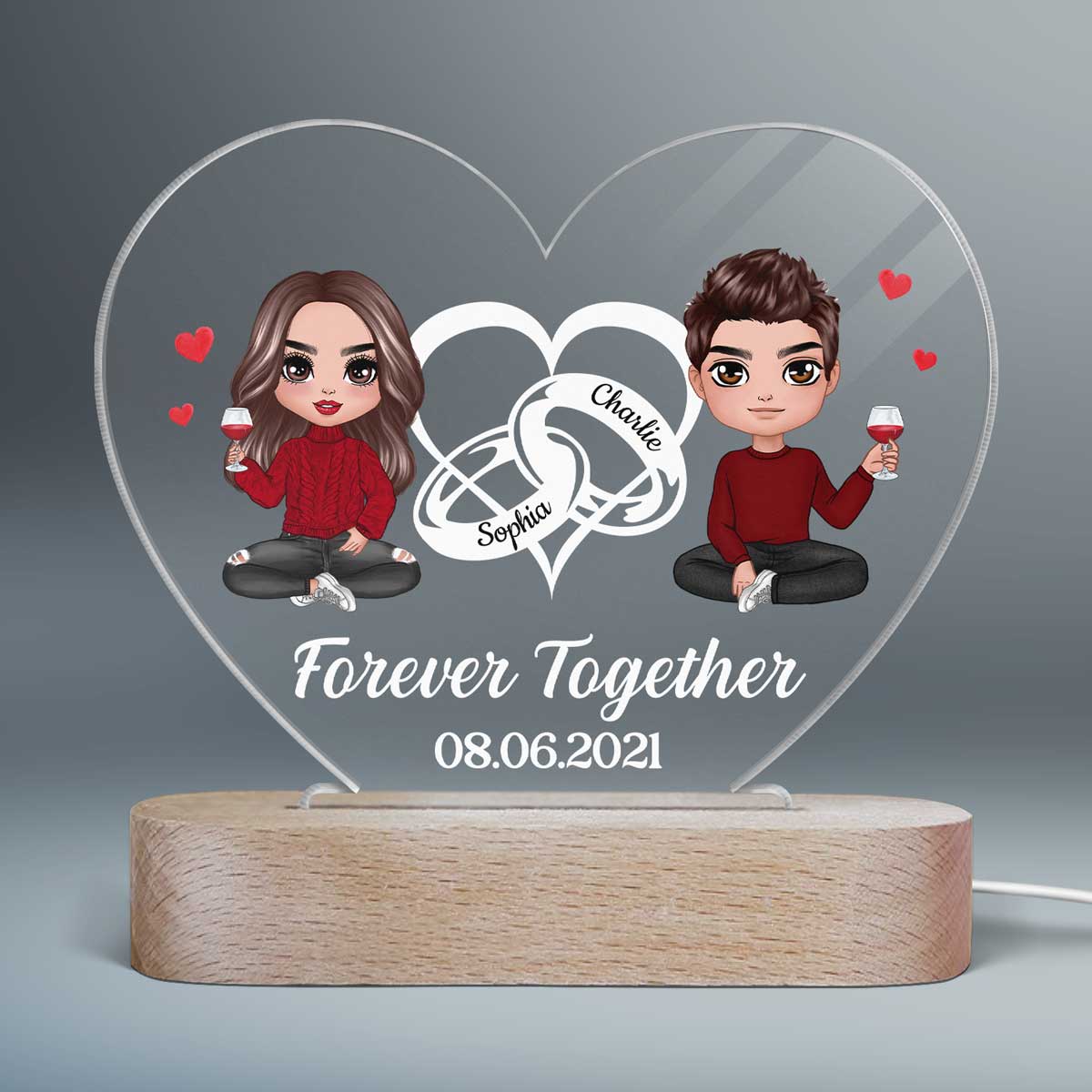 Doll Couple Heart Rings Personalized Heart Plaque LED Night Light