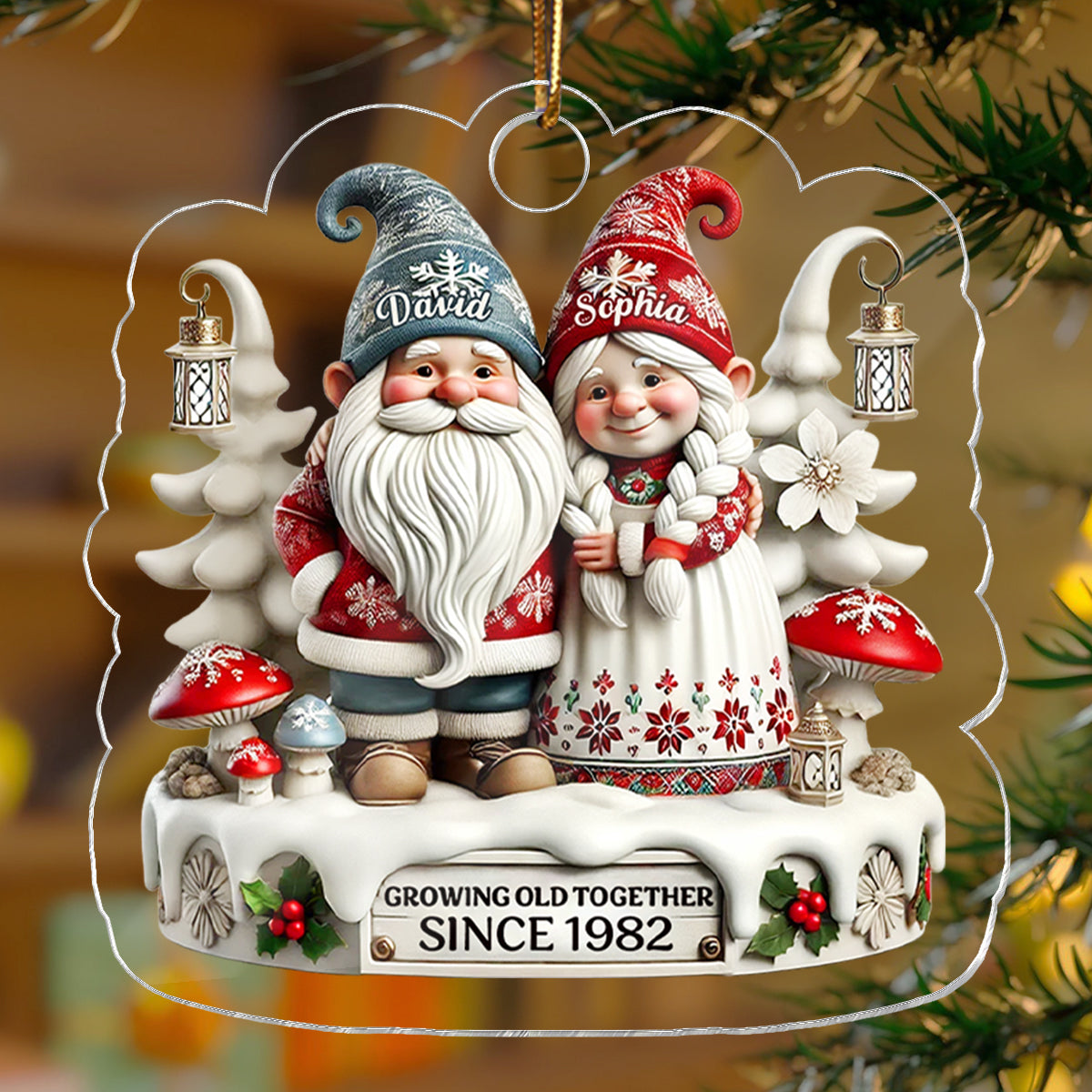3D Effect Gnome Couple Together Christmas - Personalized Acrylic Ornament - Gift for Him, Gift for Her