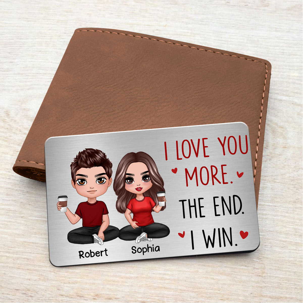 Doll Couple Sitting I Love You More Gift For Him Gift For Her Personalized Metal Wallet Card