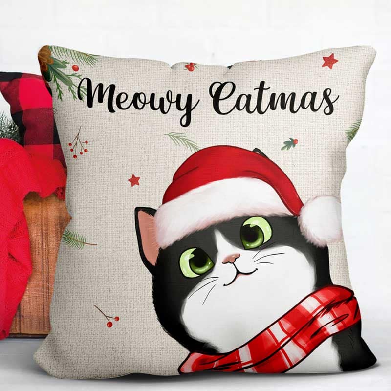 Meowy Catmas Cute Peeking Fluffy Cat Personalized Pillow (Insert Included)