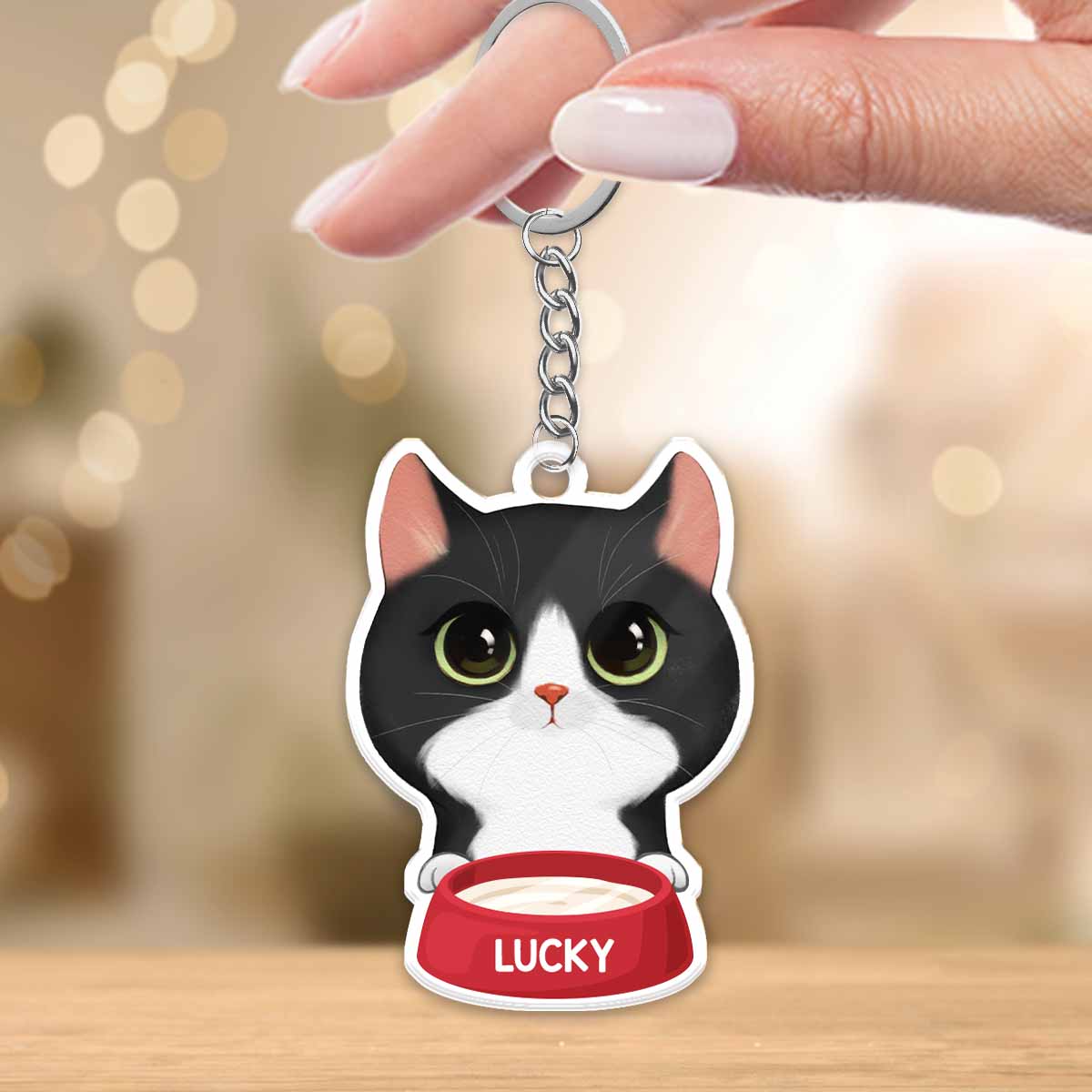 Peeking Watercolor Cute Cats With Bowl Personalized Acrylic Keychain