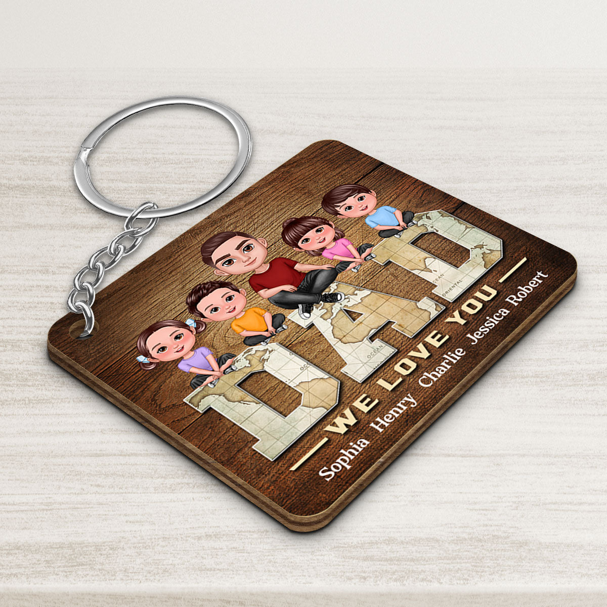 Dad Doll Man And Kids On World Map Text Personalized Wooden Keychain