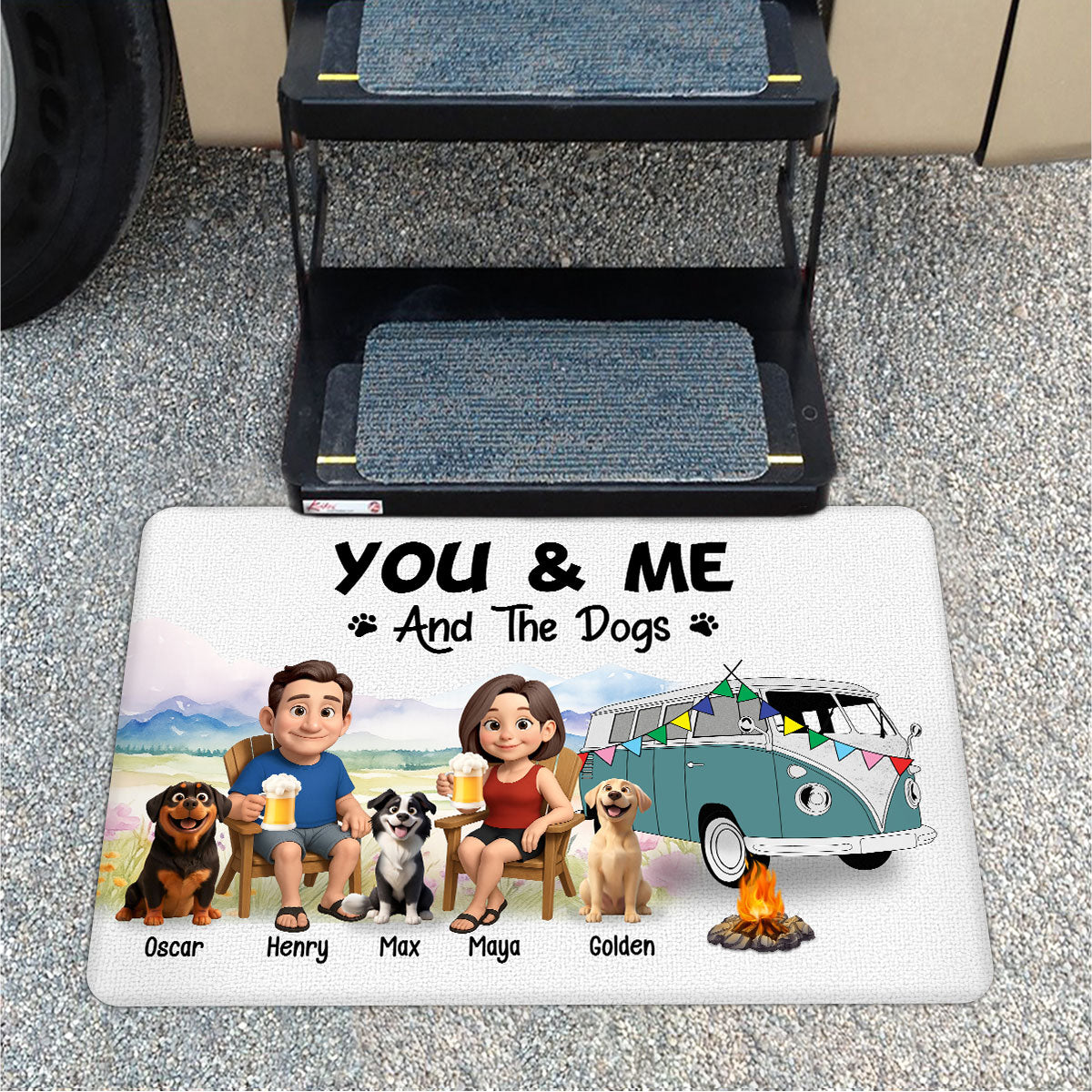 You Me And the Dogs Cats Camping Couple Personalized Doormat, Anniversary, Vacation Gift For Campers