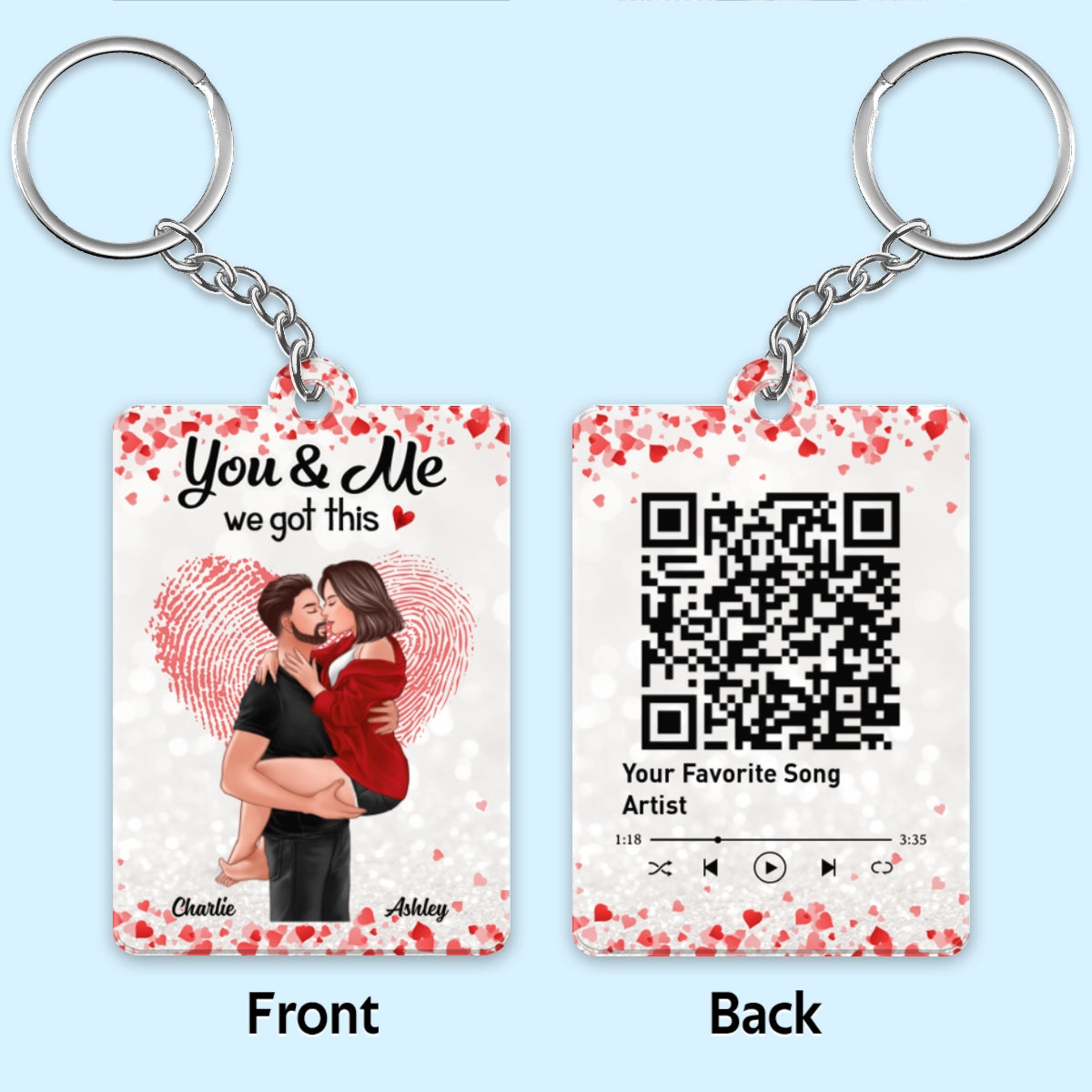 Fingerprint Heart Man Holding Woman Kissing Favorite Song Scannable QR Code Personalized Acrylic Keychain
