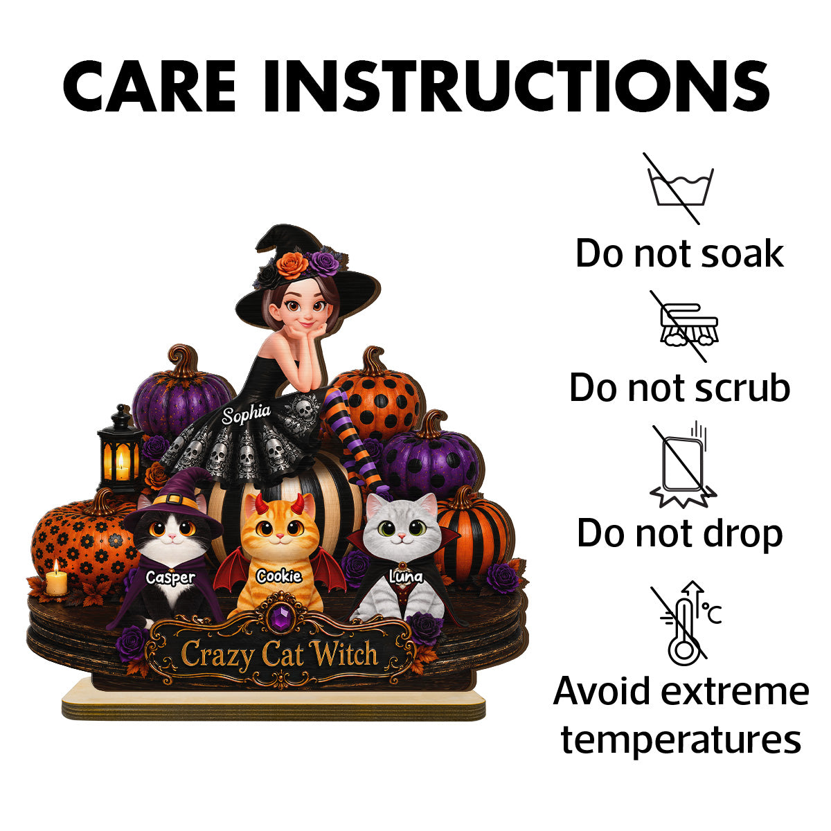 Pretty Cat Witch 2D Flat - Personalized Wooden Plaque - Halloween Decoration