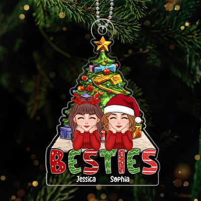 Doll Besties Sisters Chin On Hands Under Christmas Tree Personalized Acrylic Ornament