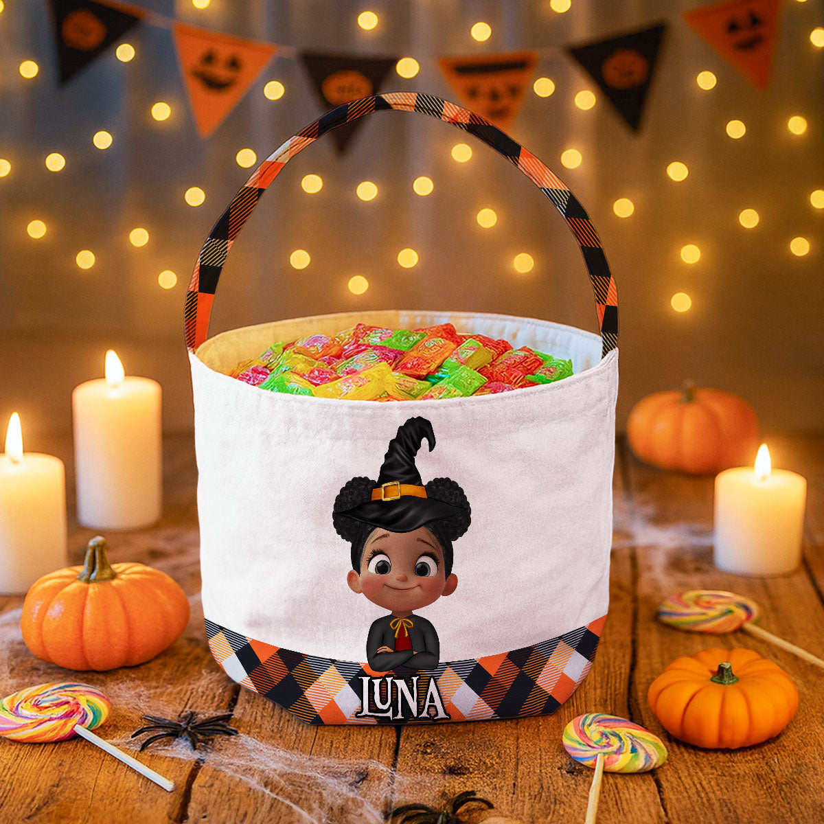 Halloween Cute Kids Personalized Trick or Treat Basket, Custom Names Candy Bucket for Kids