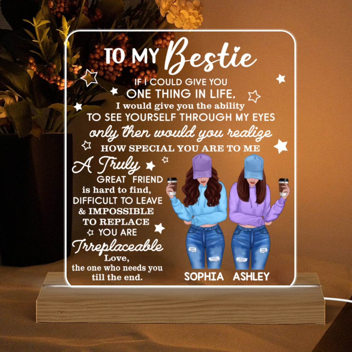 Stars To My Bestie Front View Besties Personalized Custom Shape Acrylic Plaque Warm LED Light Night