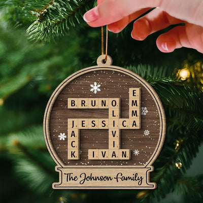 Family Names In Snow Globe Crossword Puzzle Art Personalized 2-Layer Wooden Ornament, Christmas Decor, Christmas Gift For Families
