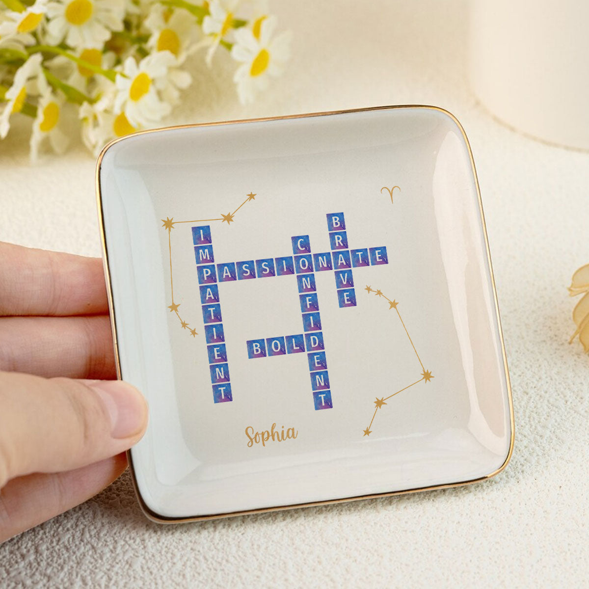 Zodiac Sign Crossword Astrological Personalized Jewelry Dish, Gifts For Friends, Daughter Birthday Gifts