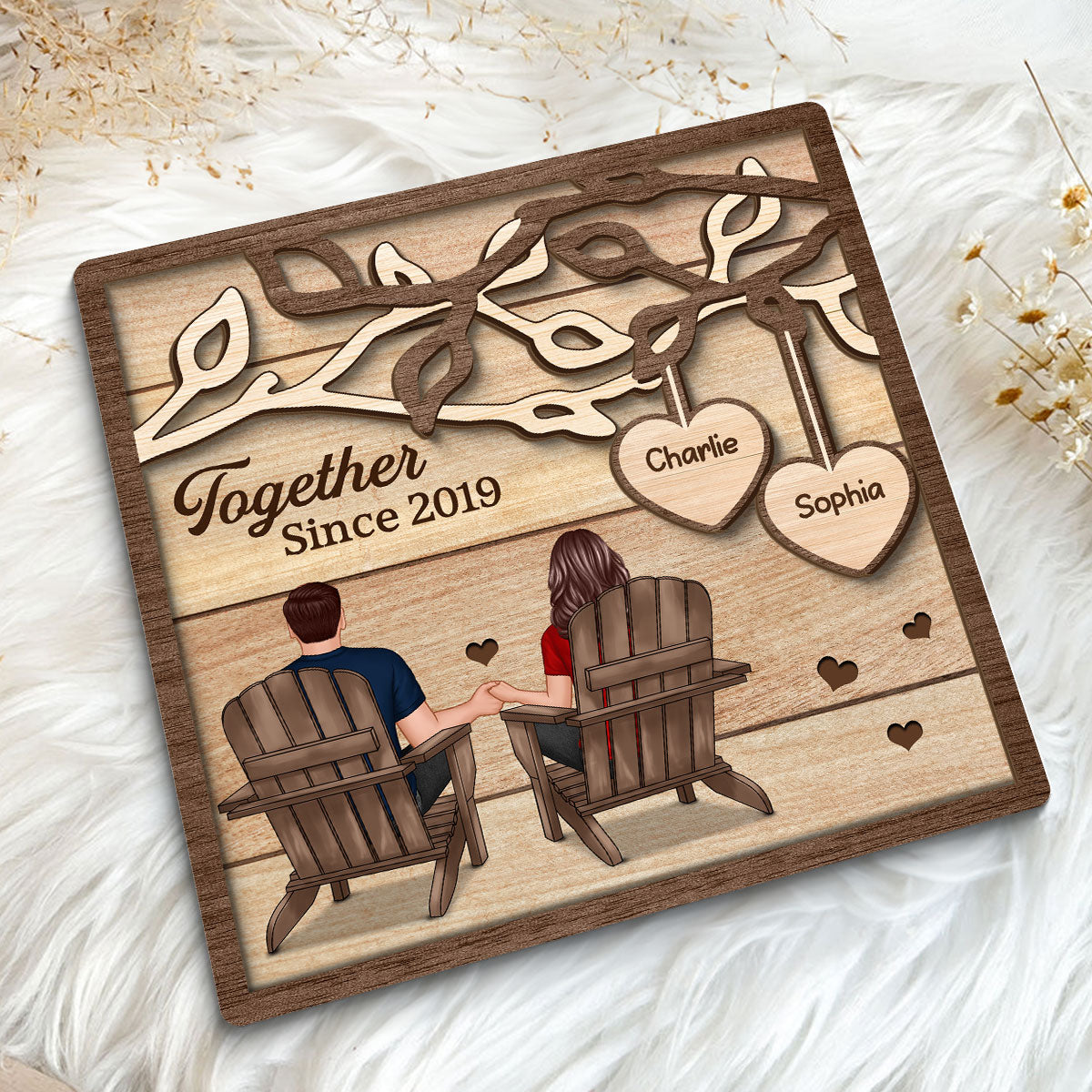 Couple Back View Sitting Under Tree  Personalized 2-Layer Wooden Plaque, Valentine‘s Day Gift For Him, For Her