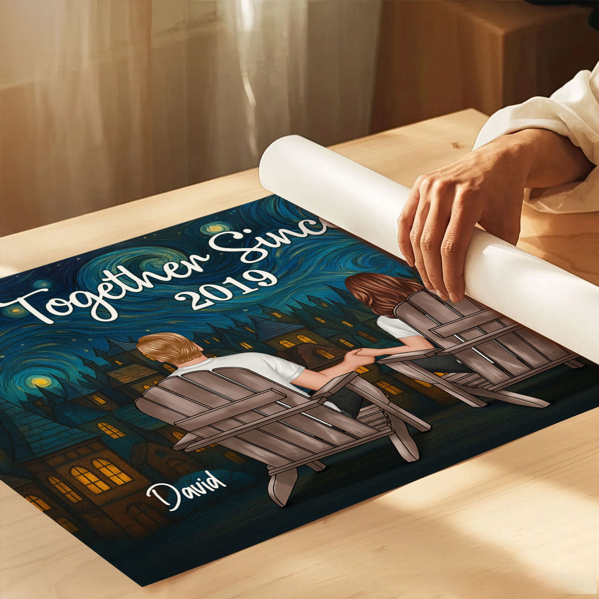 Couple Sitting Back View Night Sky Art Personalized Poster