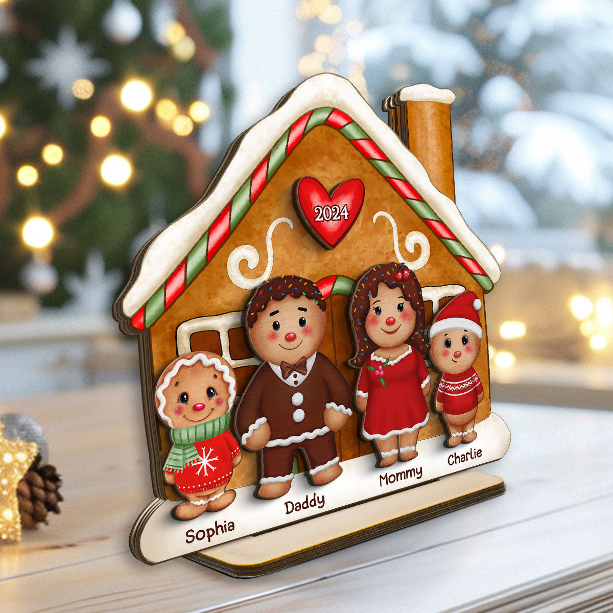 Gingerbread Family Standing House Personalized 2-Layer Standing Wooden Plaque
