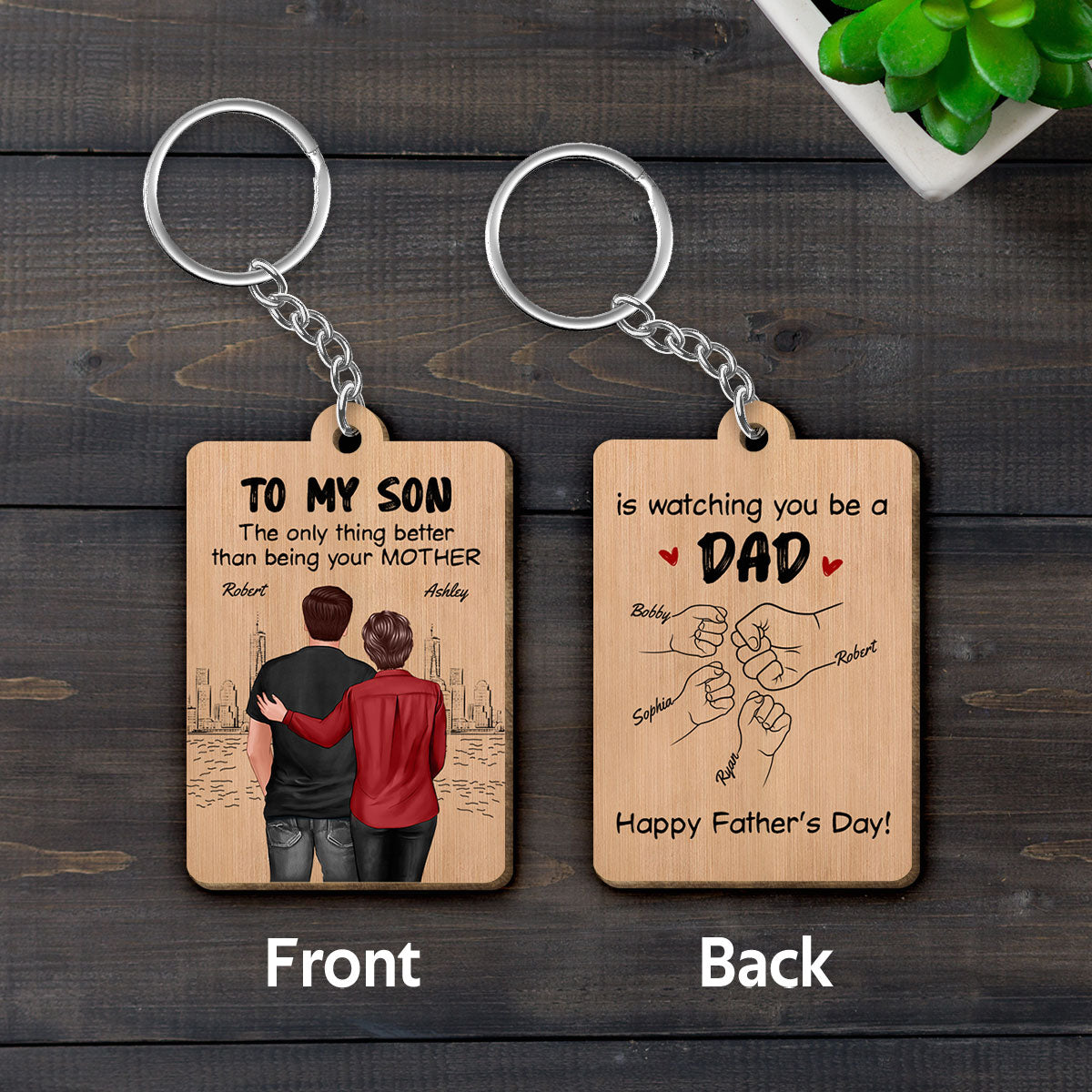 From Mom To Son Watching You Be A Dad Personalized Wooden Keychain, Gift For Son