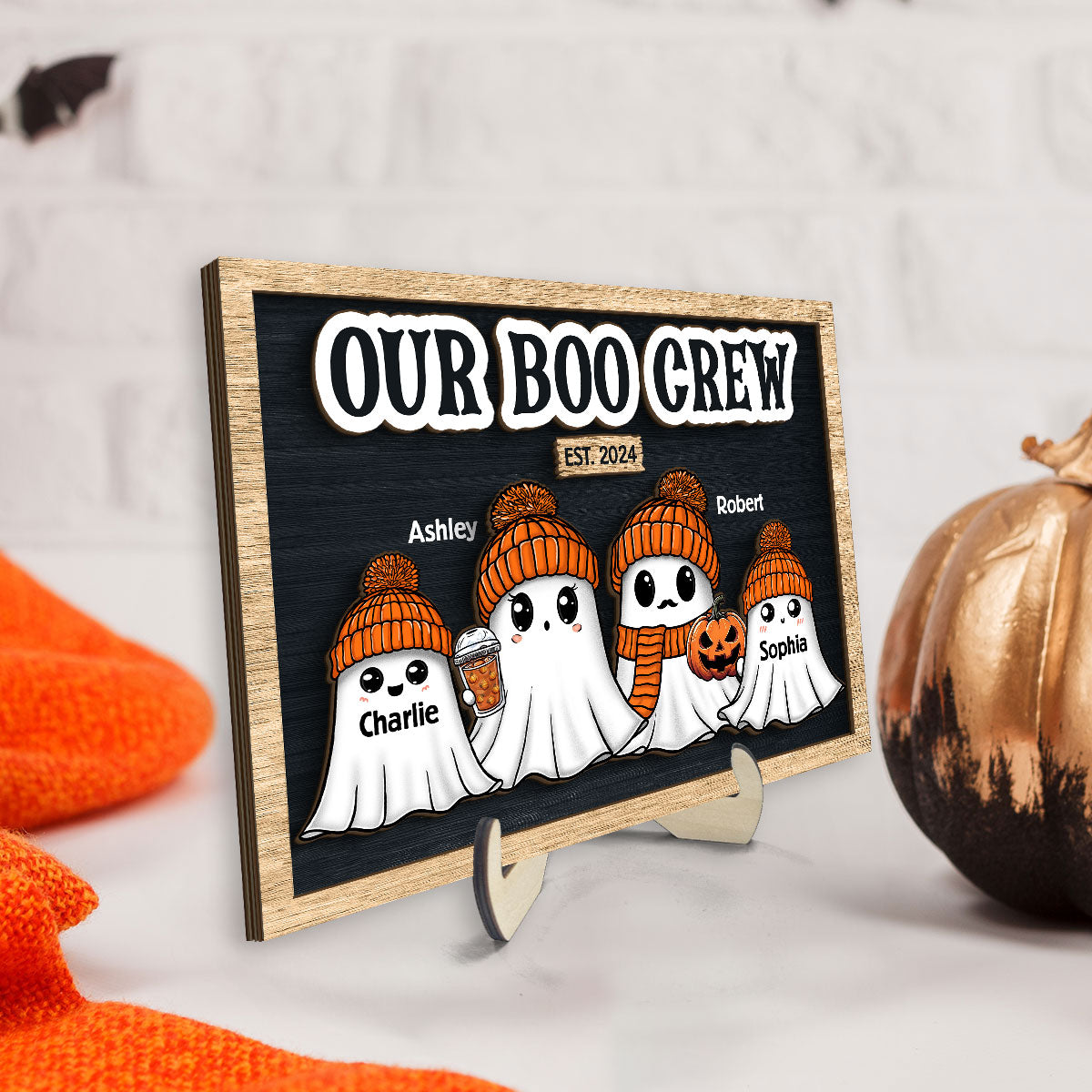 Family Our Boo Crew Fall Season Halloween Personalized 2-Layer Wooden Plaque, Halloween Decoration, Tabletop Tier Tray Decor