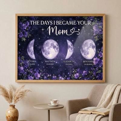 Purple Flowers The Day You Became Mom Grandma Custom Birth Moon Phase - Personalized Poster - Mother's Day Gift For Mom, Grandma