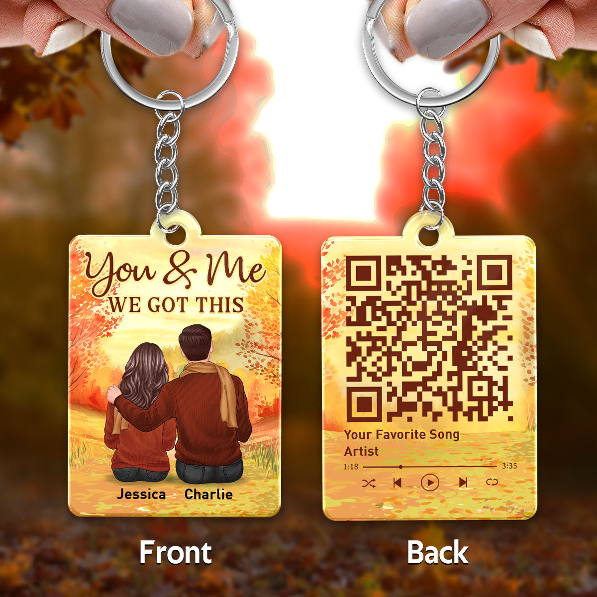 Embracing Fall Season Couple Sitting Back View Favorite Song QR Code Personalized Acrylic Keychain