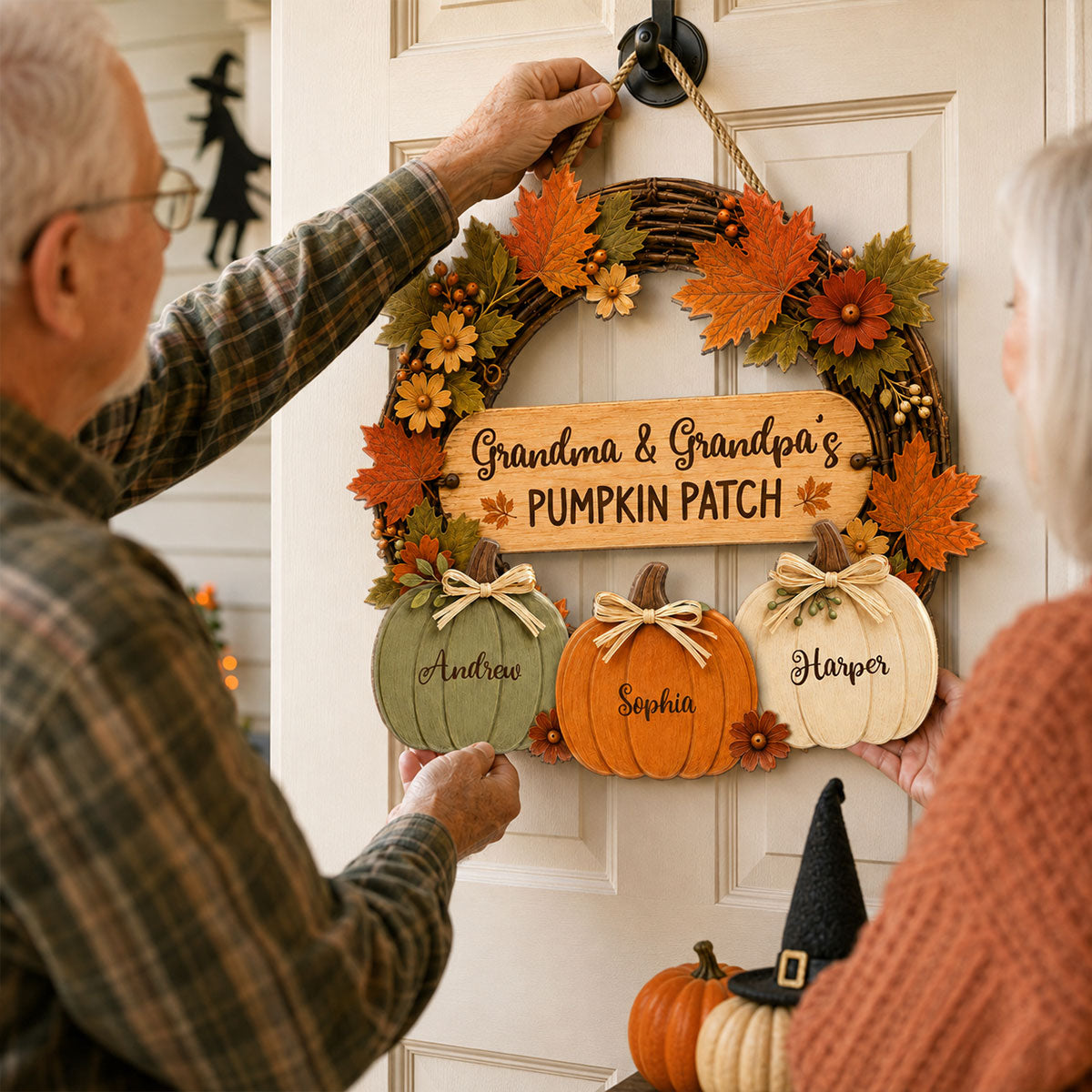 Grandma Grandpa's Pumpkin Patch 2D Flat Printed Wreath - Personalized Door Hanger - Fall Season Decor For Grandparents