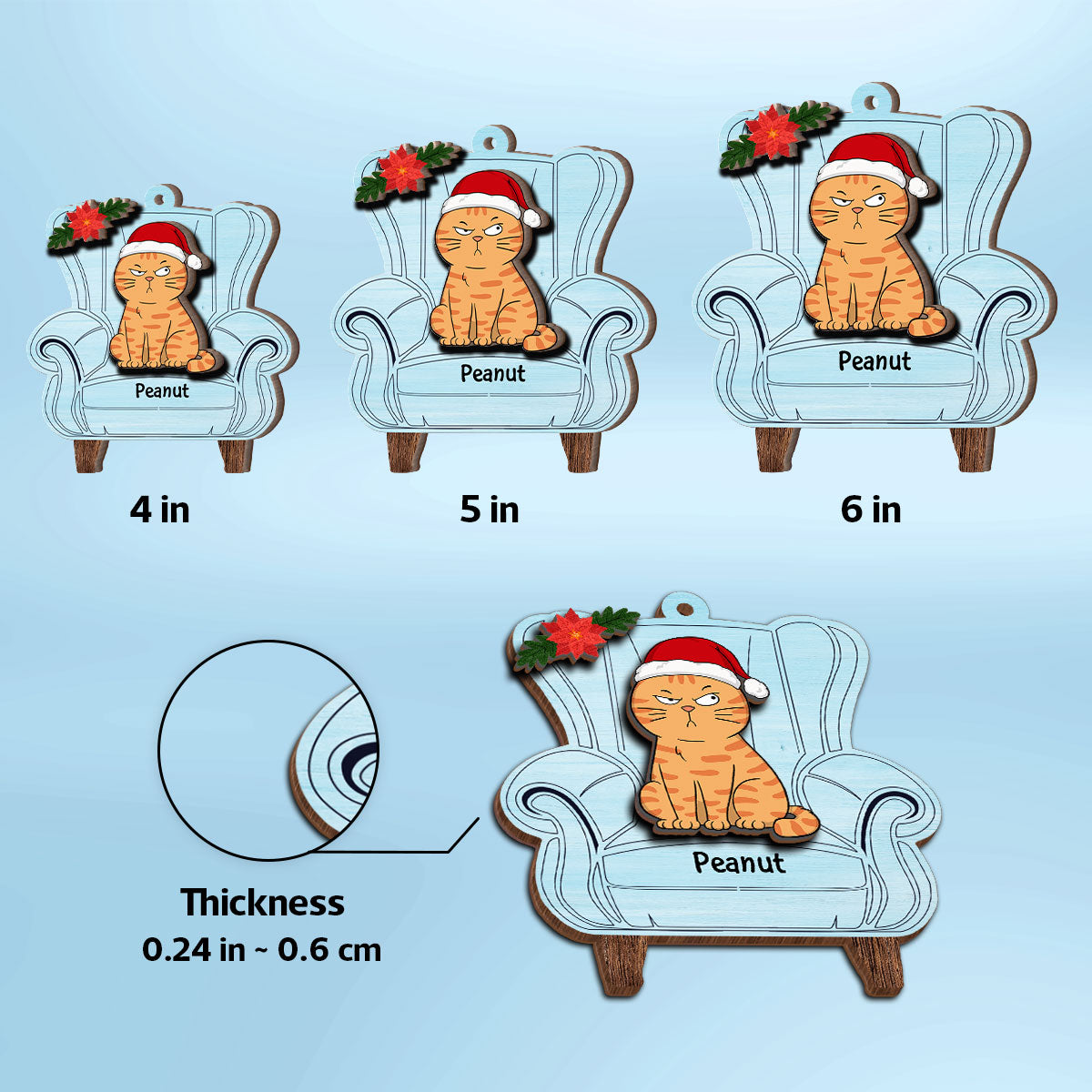 Christmas Cats On Chair Personalized 2-Layer Wooden Ornament