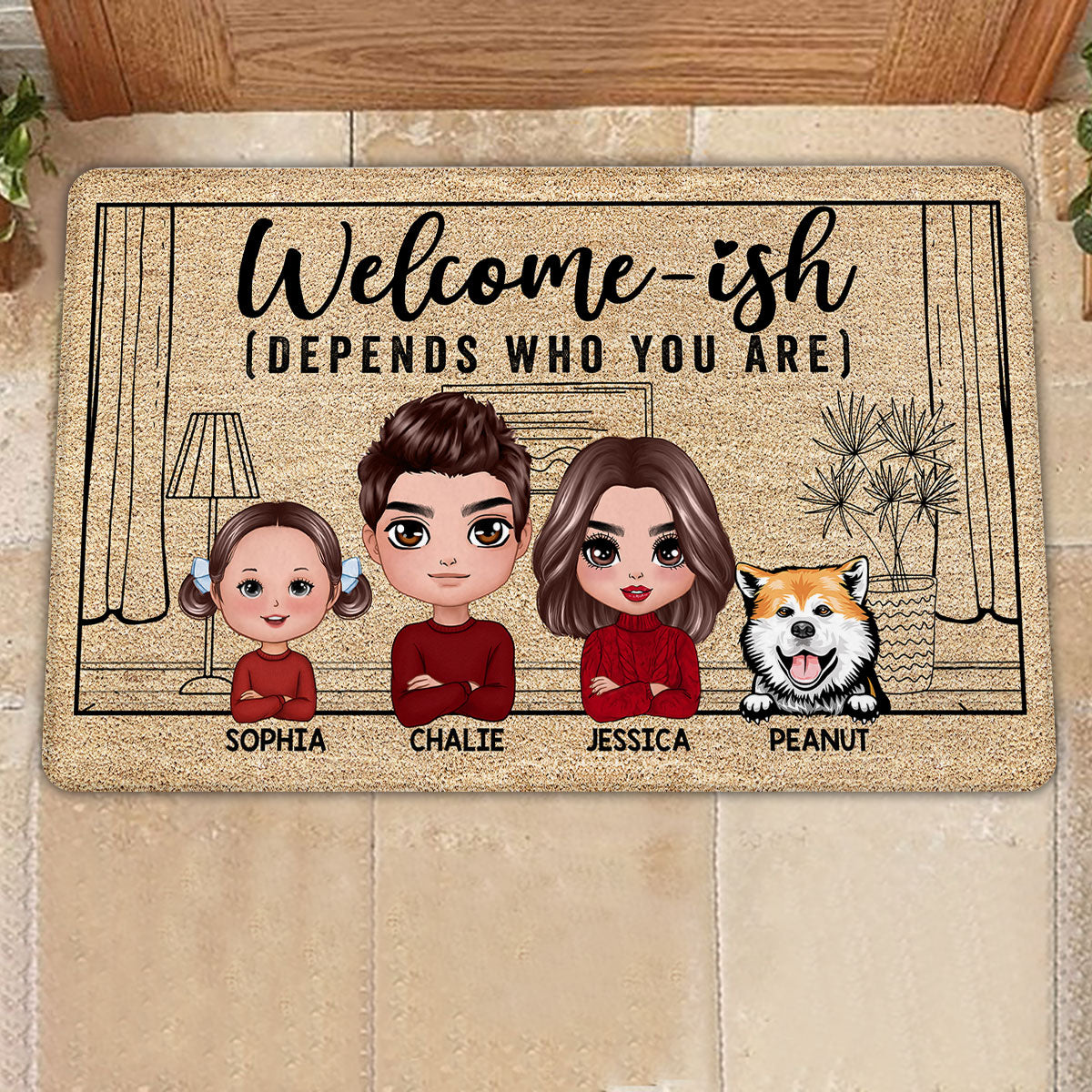 Doll Family Dad Mom Kids Dogs Cats Welcome-ish Personalized Doormat