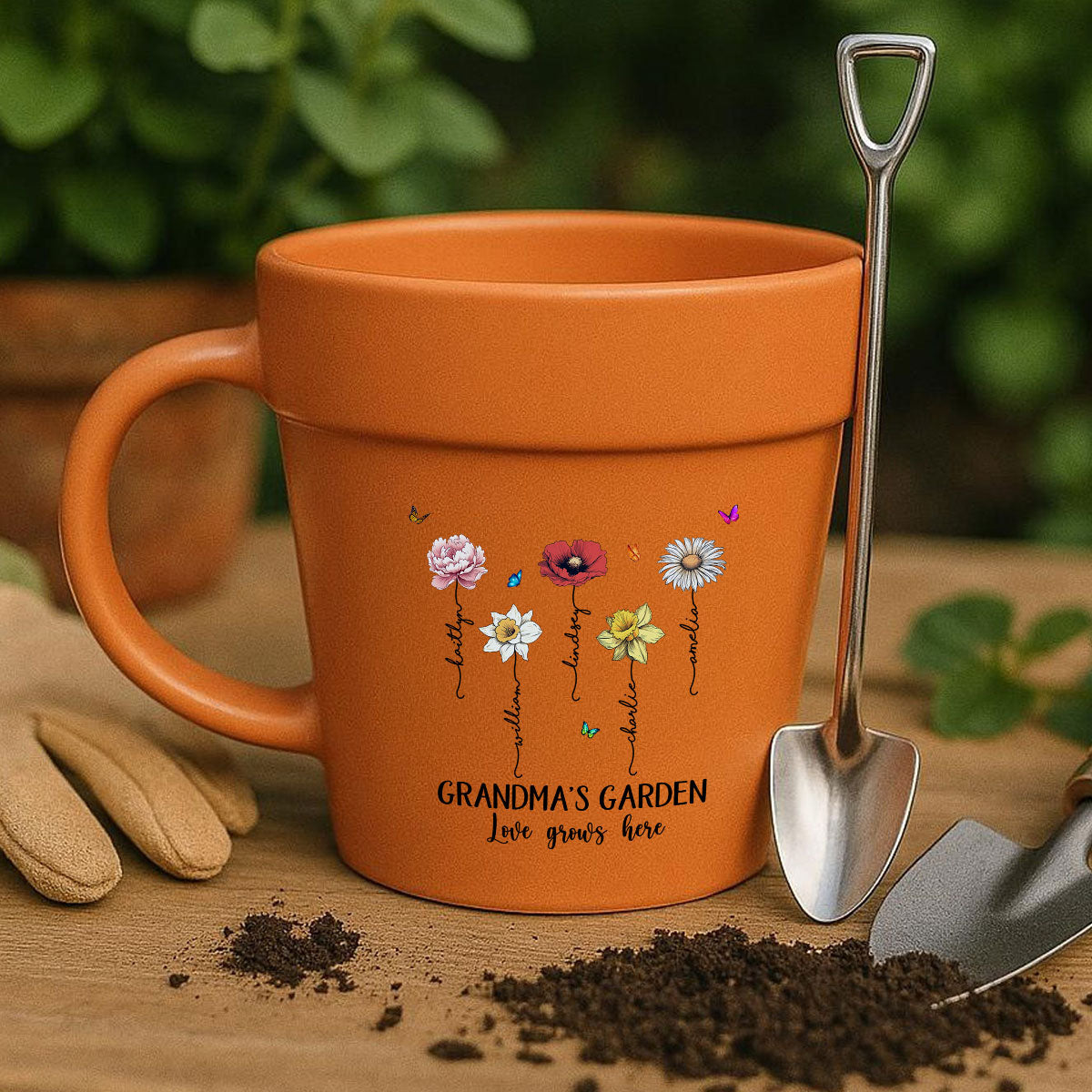 Grandma's Garden Love Grows Here Vintage Birth Month Flower Personalized Plant Pot Ceramic Mug