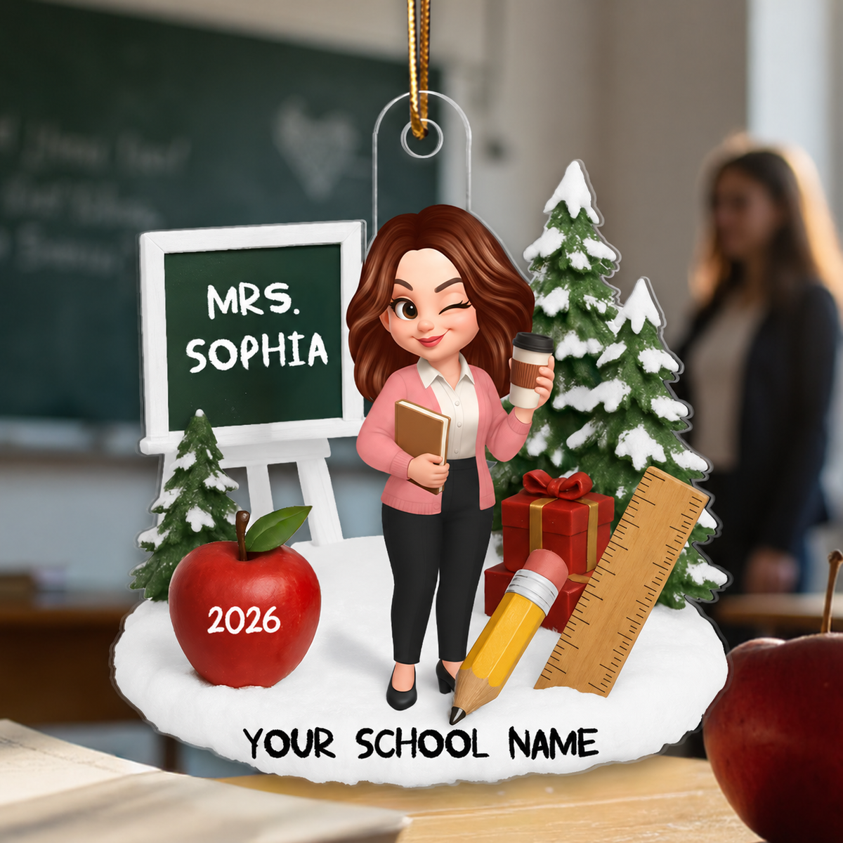 3D Effect Christmas Teacher Things - Personalized Acrylic Ornament - Gift For Teachers, Colleagues