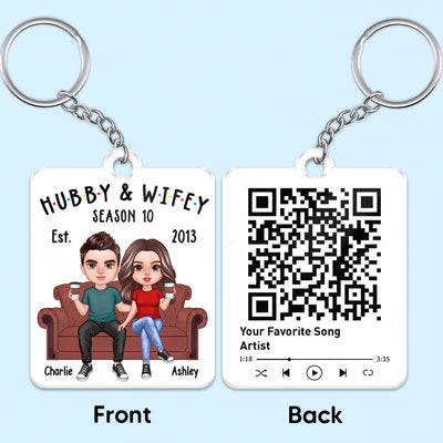 Hubby And Wifey Realistic Couple On Sofa Favorite Song Scannable QR Code Personalized Acrylic Keychain