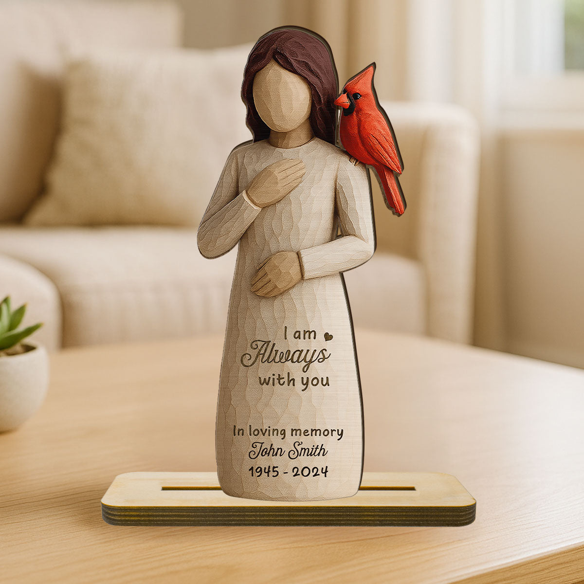 Always With You Cardinal & Woman 3D Effect Personalized Standing Wooden Plaque, Memorial Sympathy Gift