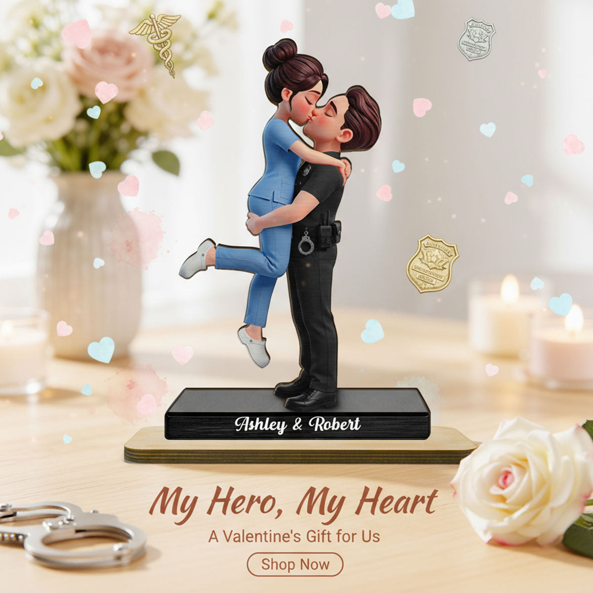 Hero Couple Forever Love - Personalized 2-Layered Wooden Plaque - Heartfelt Gift For Couple, For Him, For Her, Nurse, Police, Firefighter, Army