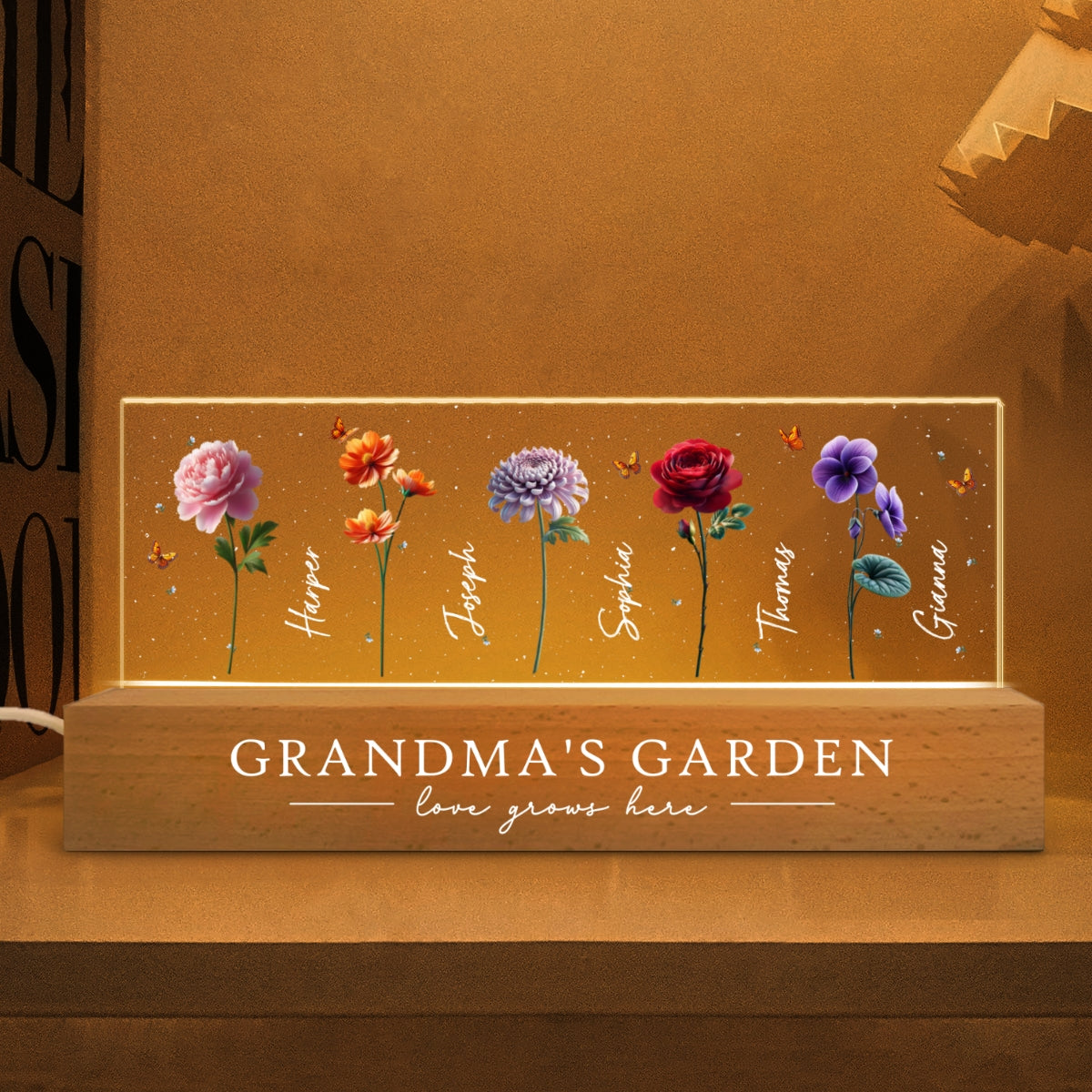 Grandma's Garden 3D Effect Birth Month Flowers Personalized Acrylic Block LED Night Light, Gift For Grandma, Mom