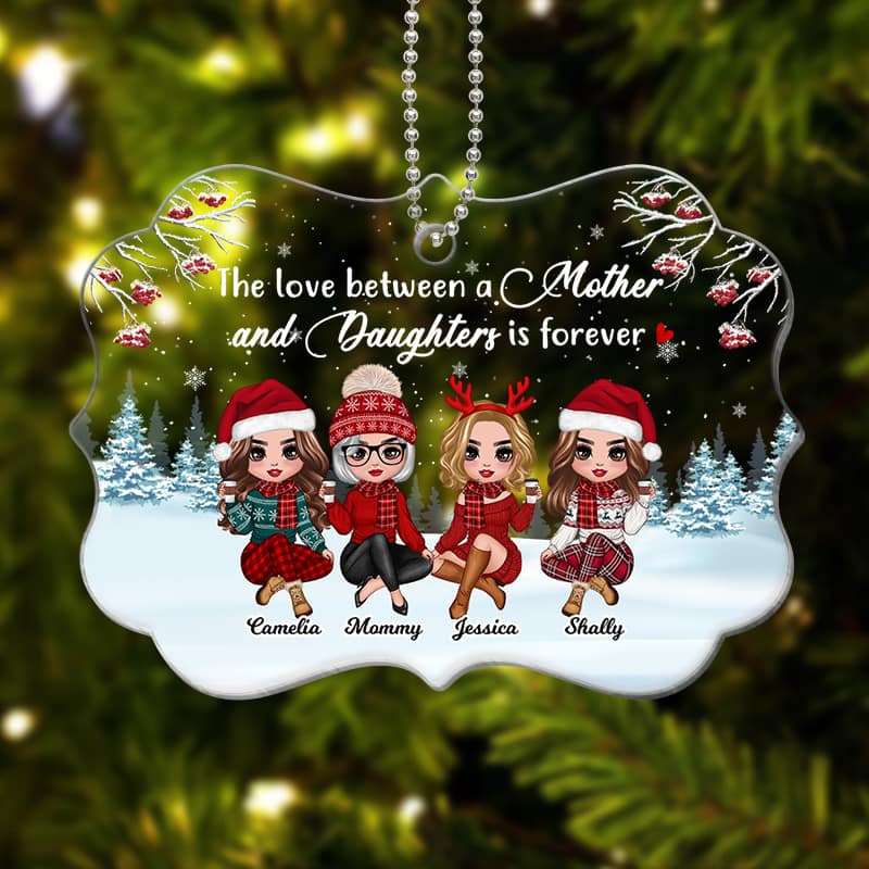 Doll Mother & Daughters Sitting In Snow Personalized Acrylic Ornament