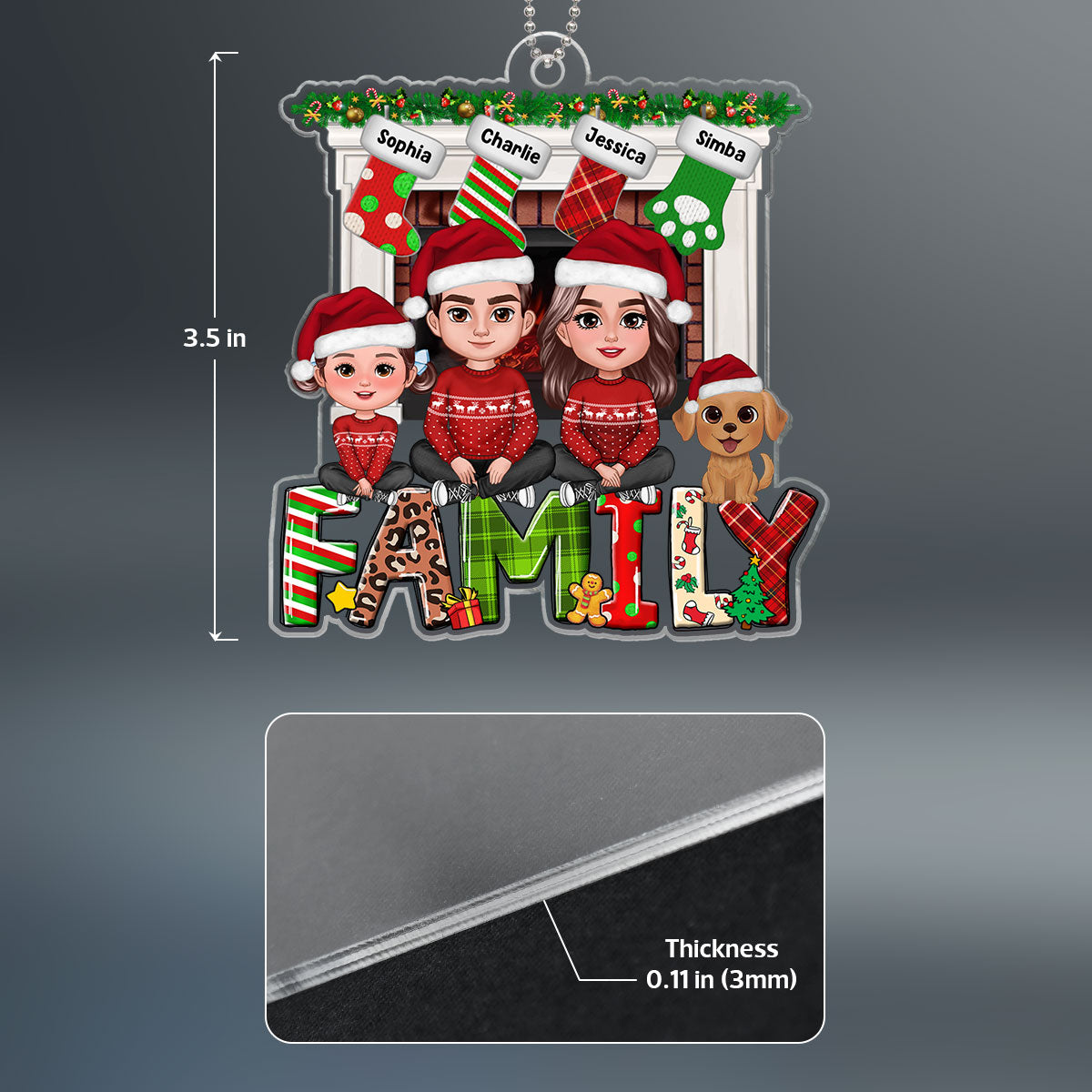 Family Dad Mom Kids Dogs Cats Crossed Legs Sitting On Word At Fireplace Personalized Acrylic Ornament