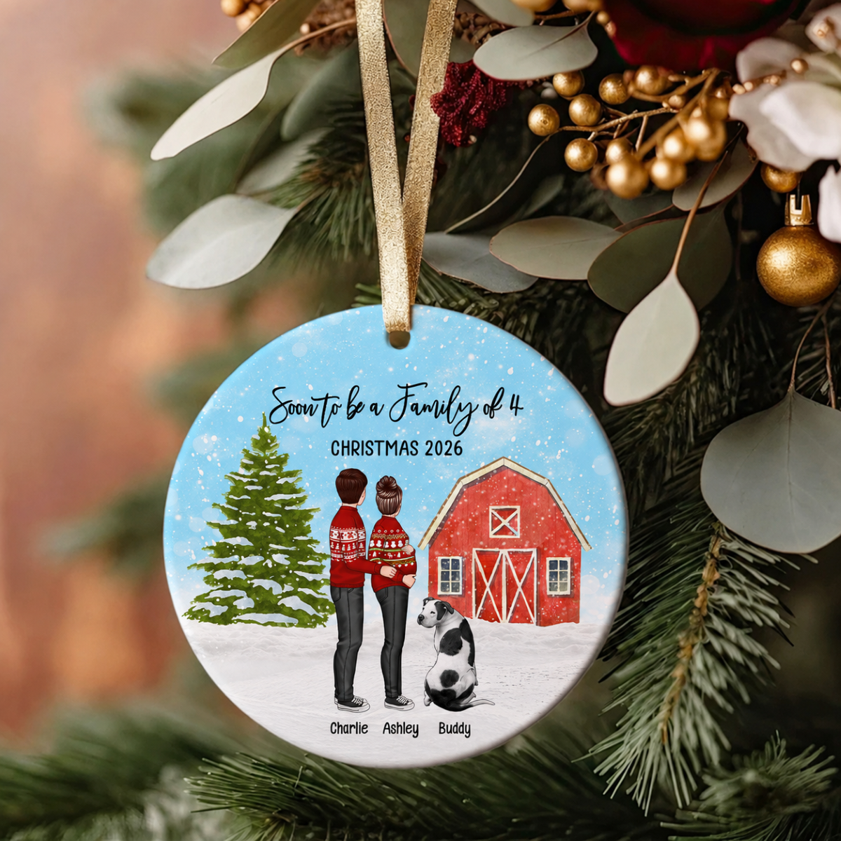Family Pregnancy Christmas Ornament, Expecting Pregnancy announcement, Red Barn, Personalized Circle Ceramic Ornament