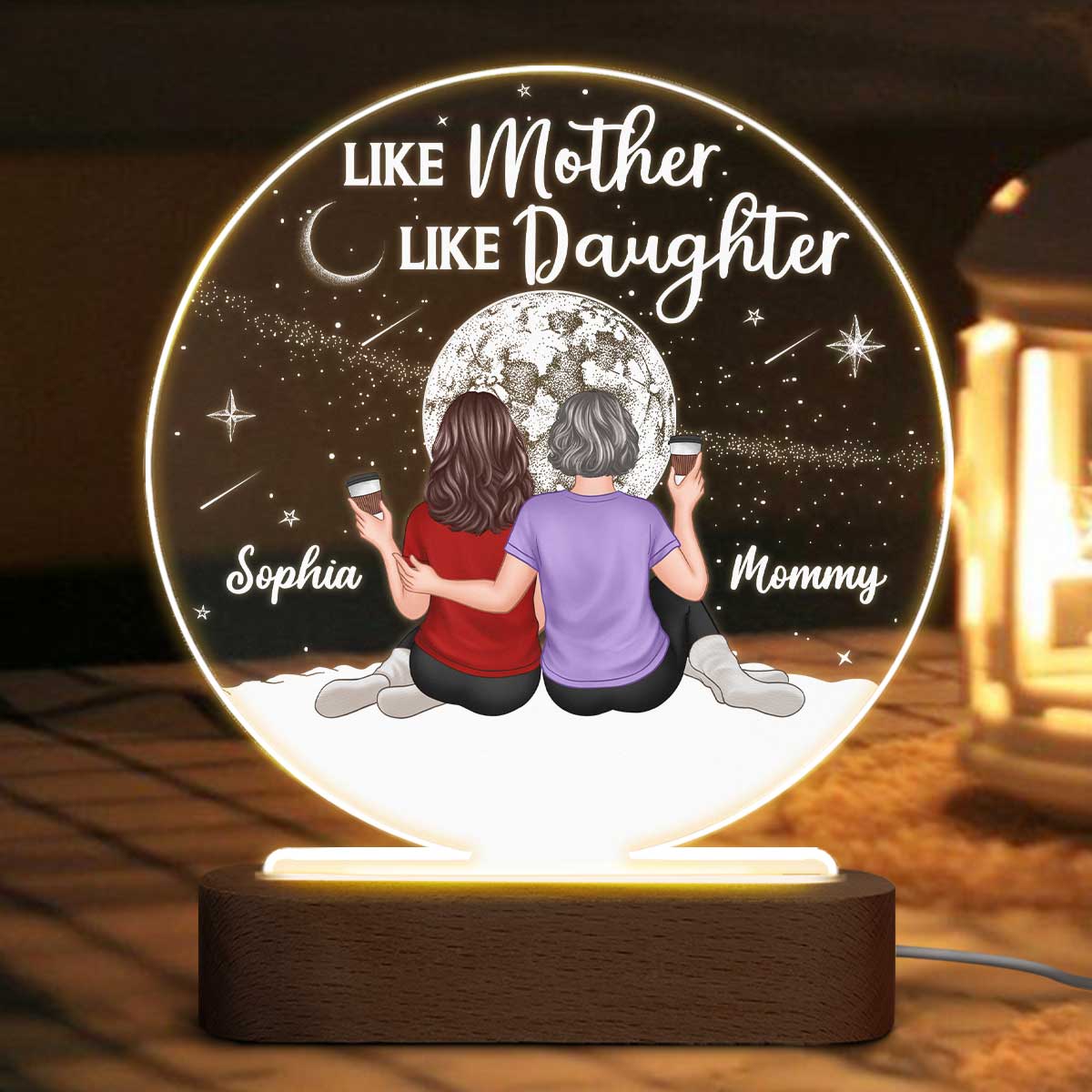 Embracing Mother Daughters Moon Personalized Circle Plaque LED Night Light