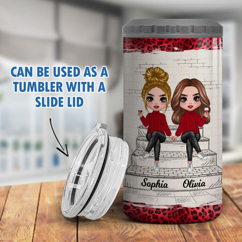 Besties Sisters Outline Stair Leopard Personalized 4 In 1 Can Cooler