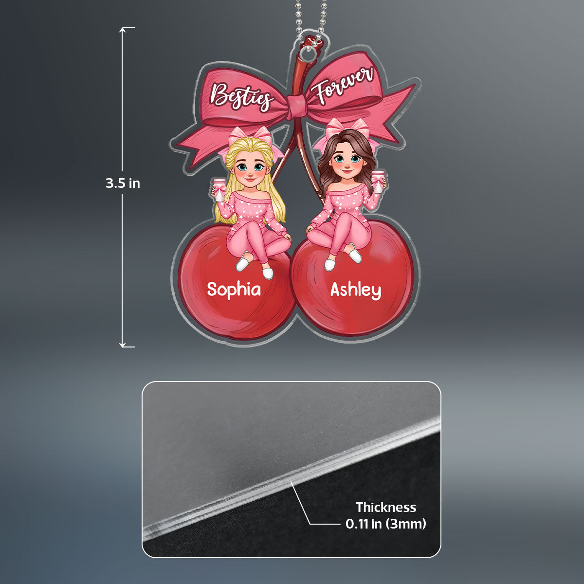 Besties Sitting On Pink Coquette Cherry Bow Personalized Acrylic Ornament, Christmas Gift For Best Friends