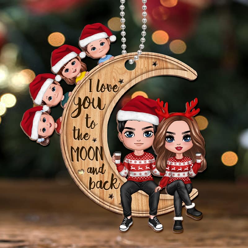 Doll Family On Moon Personalized Wooden Ornament