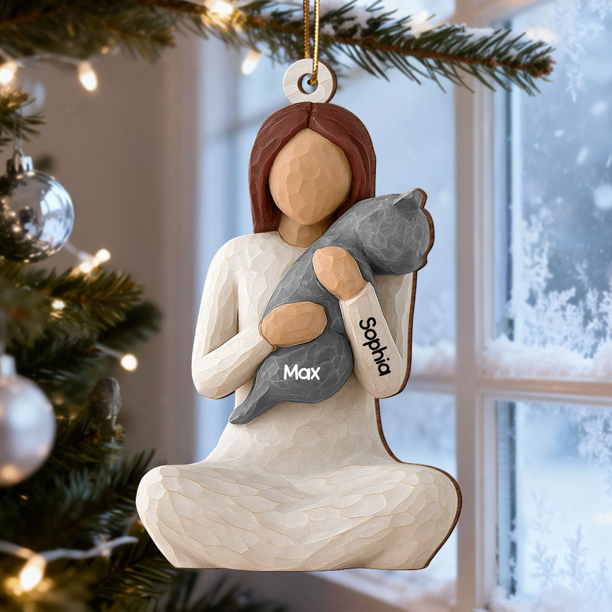 3D Effect Woman Hugging Cat - Personalized Wooden Ornament - Christmas Gift For Cat Lovers, Cat Mom