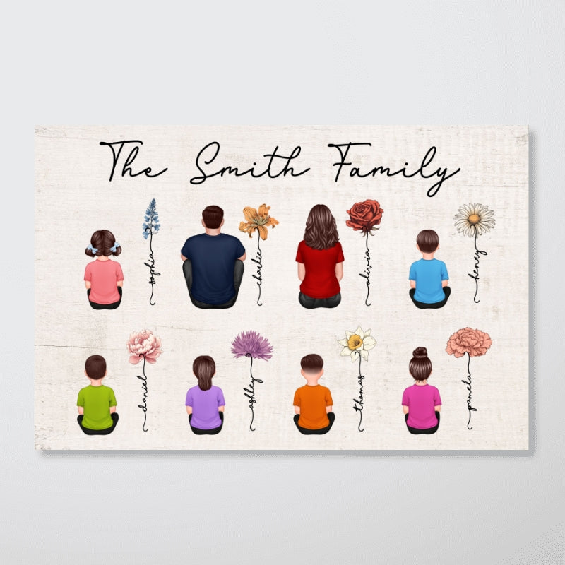 Family Vintage Birth Month Flowers Personalized Horizontal Poster, Gift For Grandma, Mom, Auntie