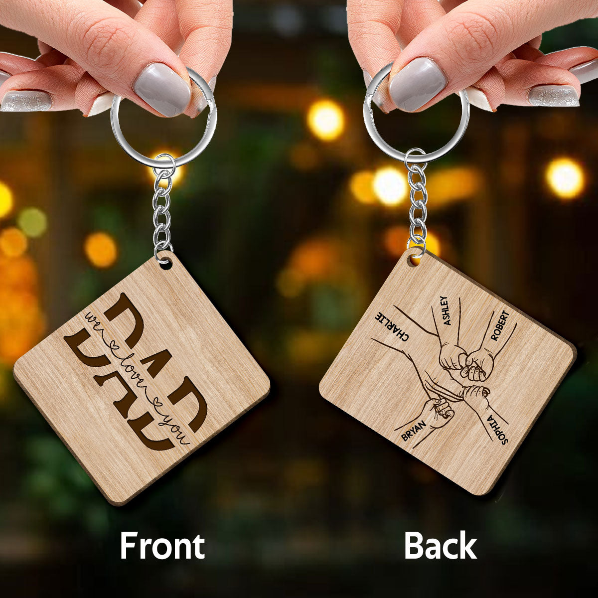 Best Dad Ever Father & Kids Hands Outline Personalized Wooden Keychain