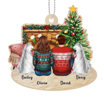 Fireplace Family Couple And Dogs Personalized Wooden Ornament